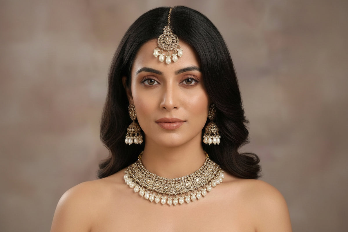 Woman wearing traditional jewellery including a necklace, earrings, and a headpiece against a neutral background