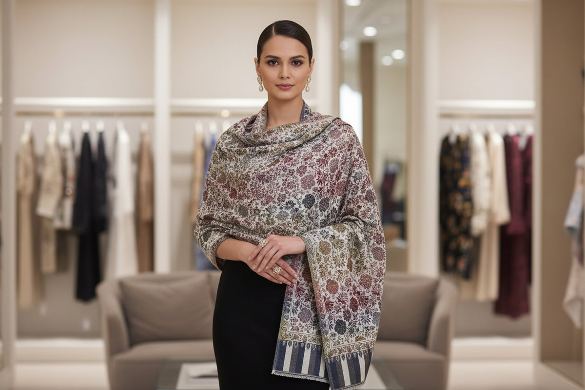 Woollen multicolour printed pashmina shawl by famaza couture. 