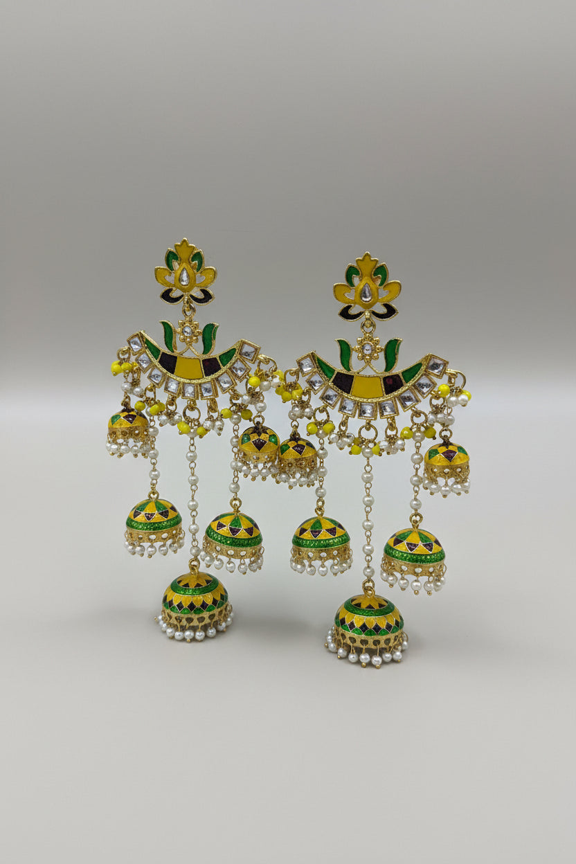 Yello wand green Meenakari Jhumka Chandbali Earrings with Pearl Drops – Traditional Indian Bridal & Party Wear Earrings