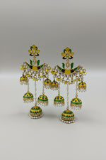 Yello wand green Meenakari Jhumka Chandbali Earrings with Pearl Drops – Traditional Indian Bridal & Party Wear Earrings