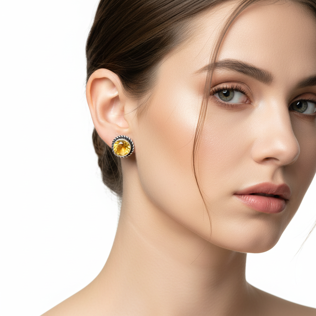 A close-up of a woman's ear wearing a round stud earring with a yellow center stone and a halo of small blue stones, set against a clean white background.