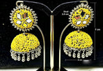 Model wearing Yellow Mirror Work Beaded Jhumka Earrings — 3.5cm Stud, 7cm Drop, 4cm Width — Handcrafted Ethnic Jewelry with Silver Accents.