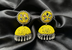 Yellow Mirror Work Beaded Jhumka Earrings on Black Satin — 3.5cm Stud, 7cm Drop, 4cm Width — Handcrafted Ethnic Jewelry with Silver Accents.
