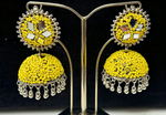 Yellow Mirror Work Beaded Jhumka Earrings — Handcrafted Ethnic Jewelry with Silver Accents .