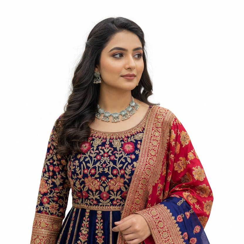  Young woman wearing the Lilia artisanal lotus silver oxidised choker and stud set, styled for an elite evening jewellery look.