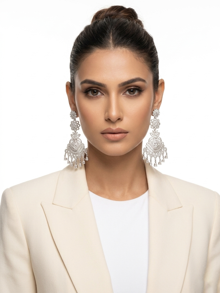 Heavy statement silver-polished chandelier drop earrings with intricate crystal and baguette stone work, traditional bridal style.