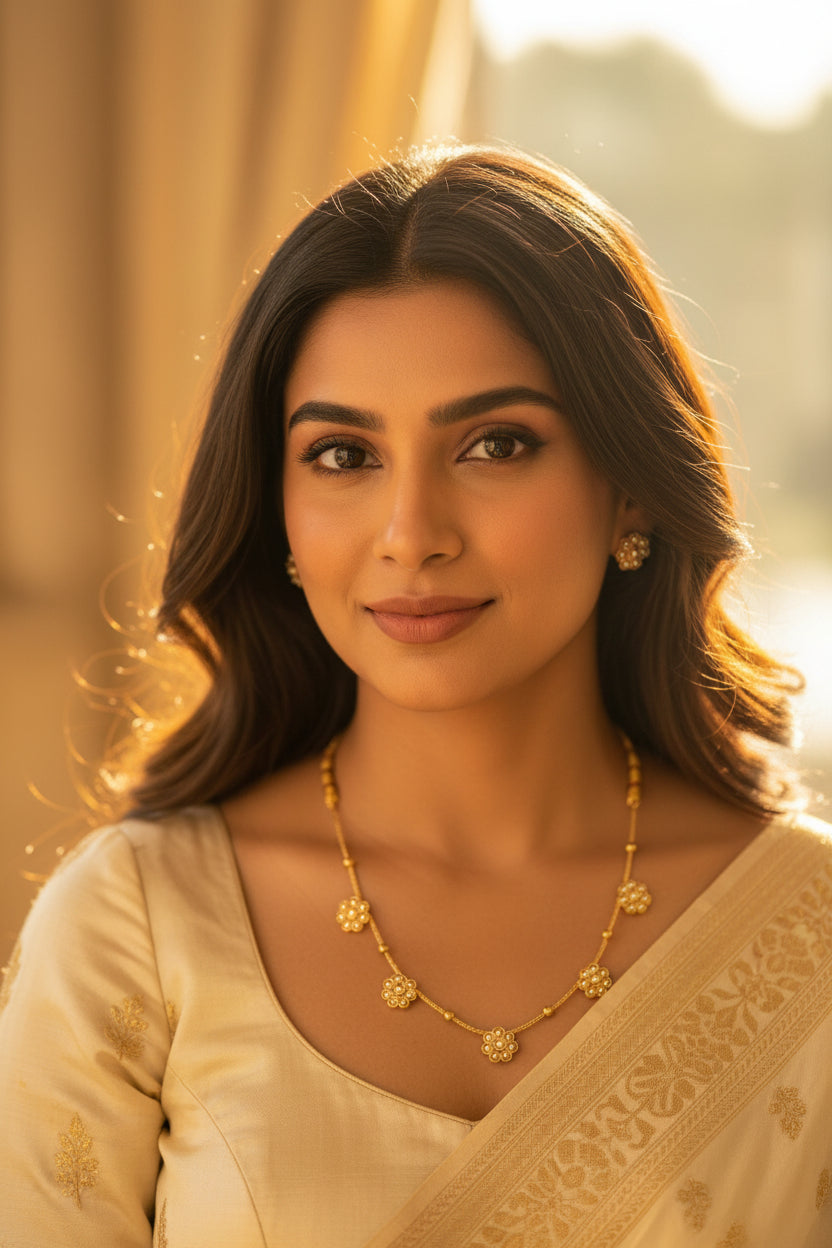 a gold colour mini pearls flower jewellery set is being worn by a modelwith matching studs.