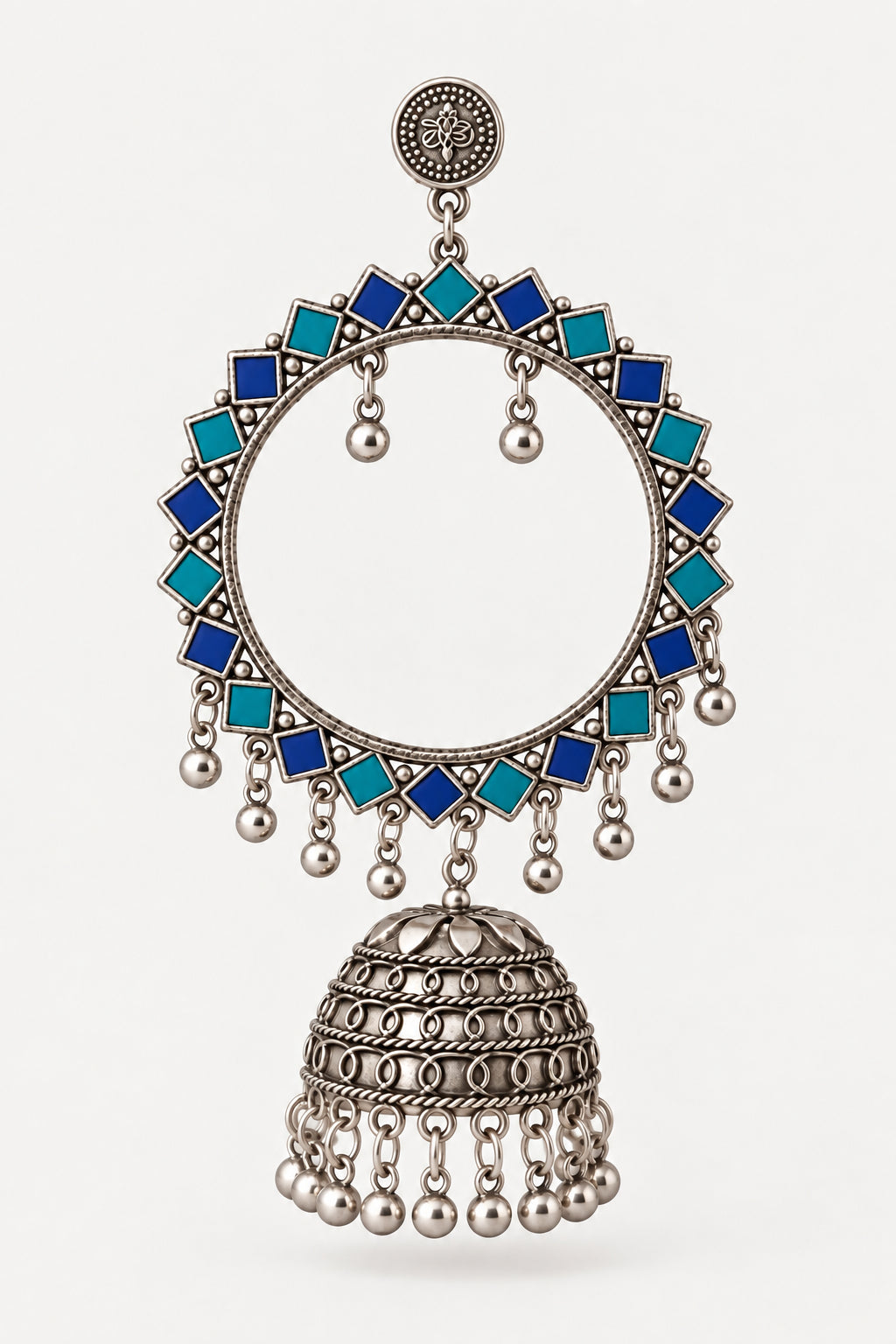 a large silver-toned hoop earring decorated with blue square enamel paint and dangling silver bells, shown against a plain off-white background.