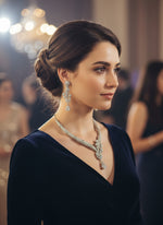 A mannequin showcasing a luxury handcrafted AD look necklace and earring set with intricate detailing and sparkling stones by famaza couture 