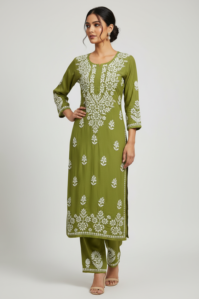 Green traditional outfit with white floral patterns on a white background