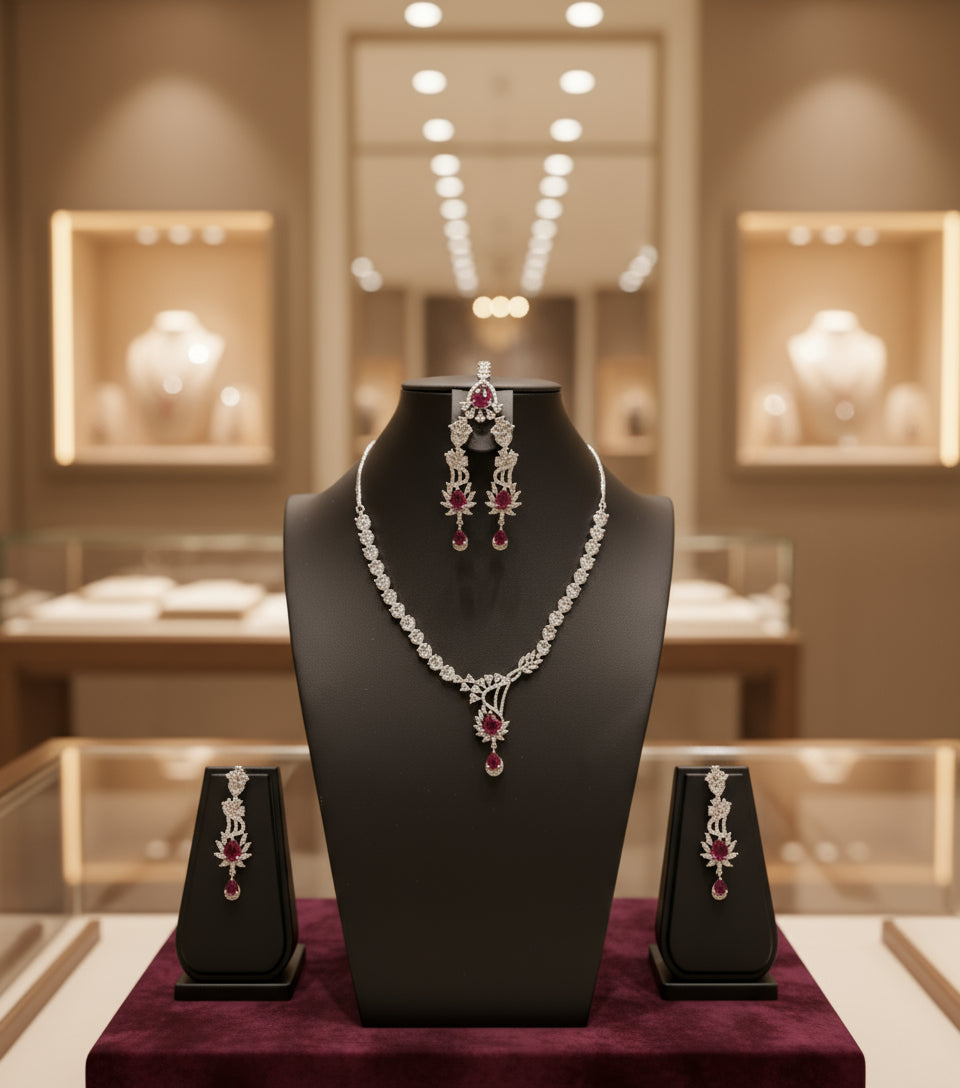 a rhodium-plated jewellery set with American diamond and semi-precious stones, including a necklace, earrings and maang tikka by famaza couture 