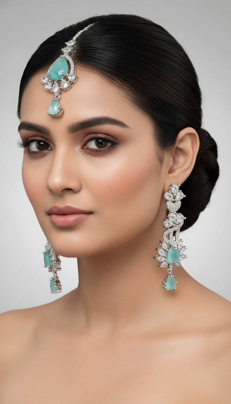 american diamonds with turquoise centre stones earrings and maang tikka by famaza couture 
