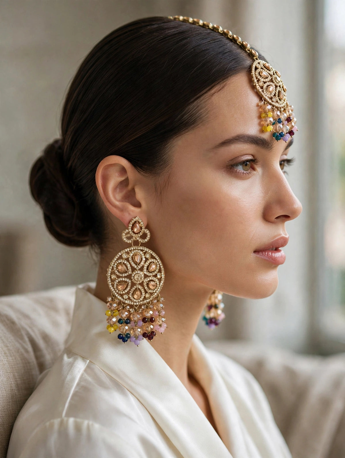 The Rangreza Kundan Antique Gold Multi-Stone Tikka & Earring Set