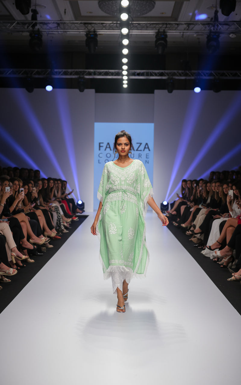 A woman is posing in apple green chikankari kaftan by famaza couture 