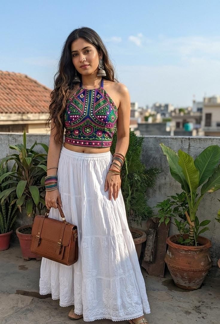White premium rayon skirt with dense ghasspati work on bottom two flare layers