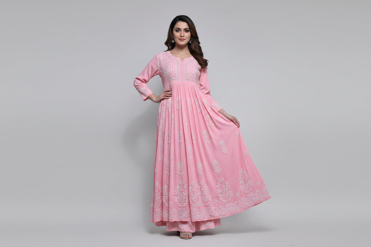 naira cut baby pink colour gown style chikankari kurti top with elegant embroidery pink