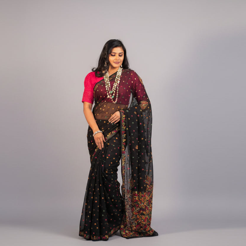 black base semi georgette saree with multi colour thread chikankari embroidery all over the saree.