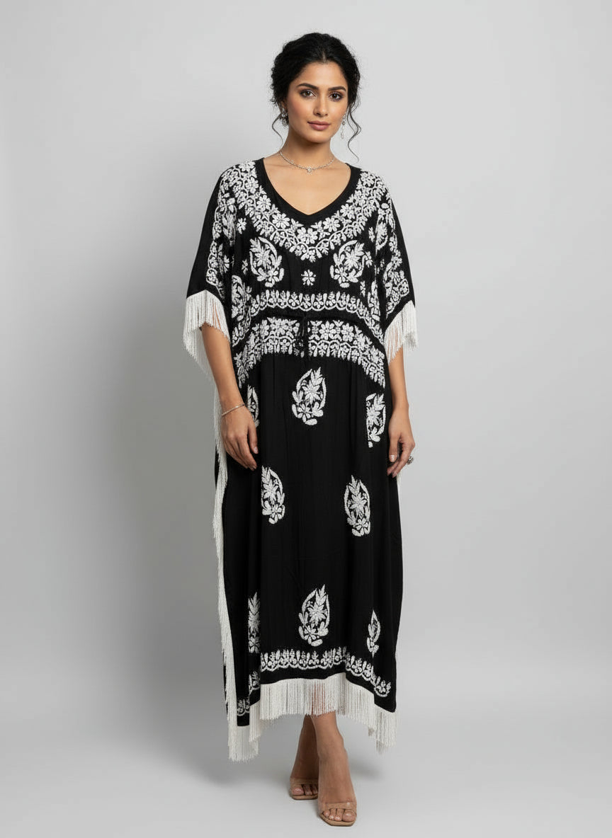 black colour kaftan with white chikankari embroidery by famaza couture