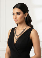 Black double layer American diamond necklace set on model for bridal party wear