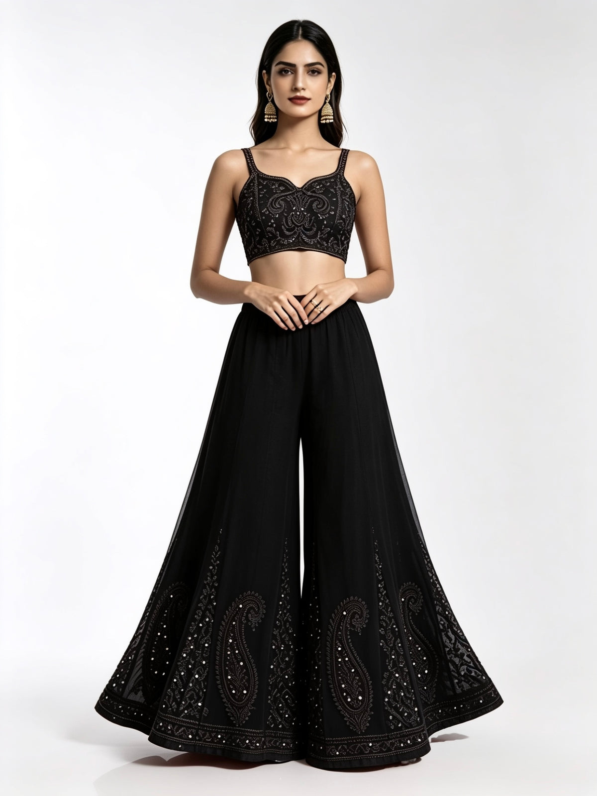 black georgette sharara with chikankari embroidery. 