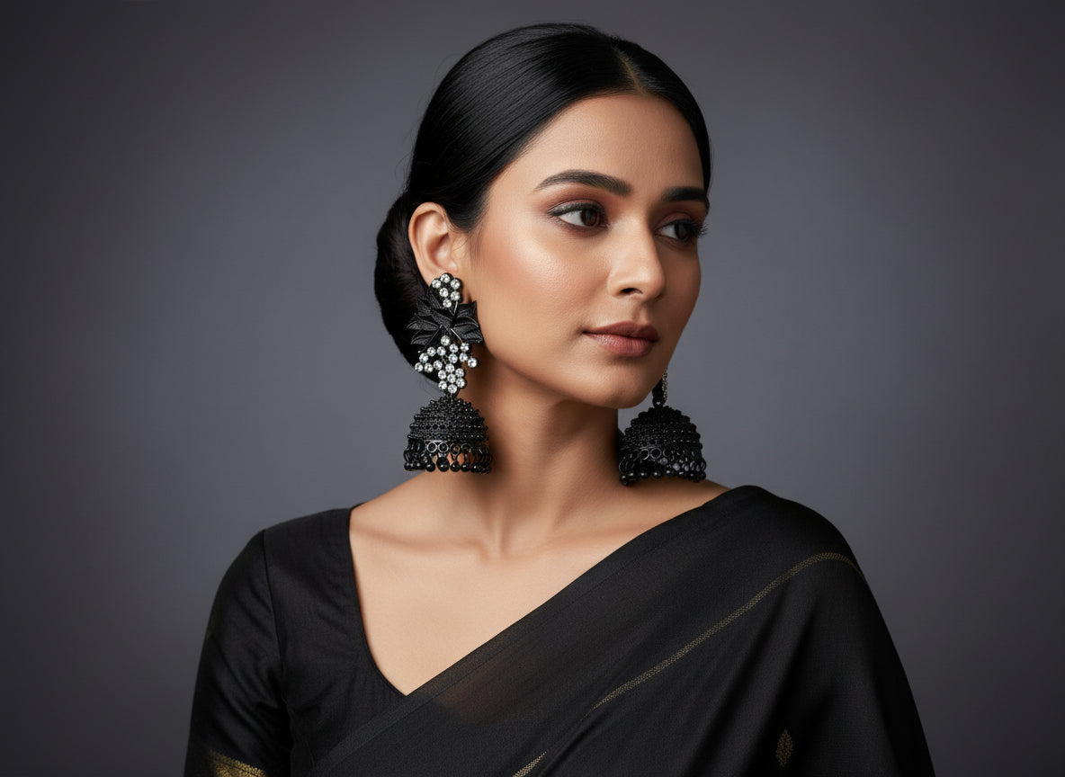  black jhumki earrings with leaf patterns and silver coloured stones, featuring gold-plated brass metal and nano hangings.