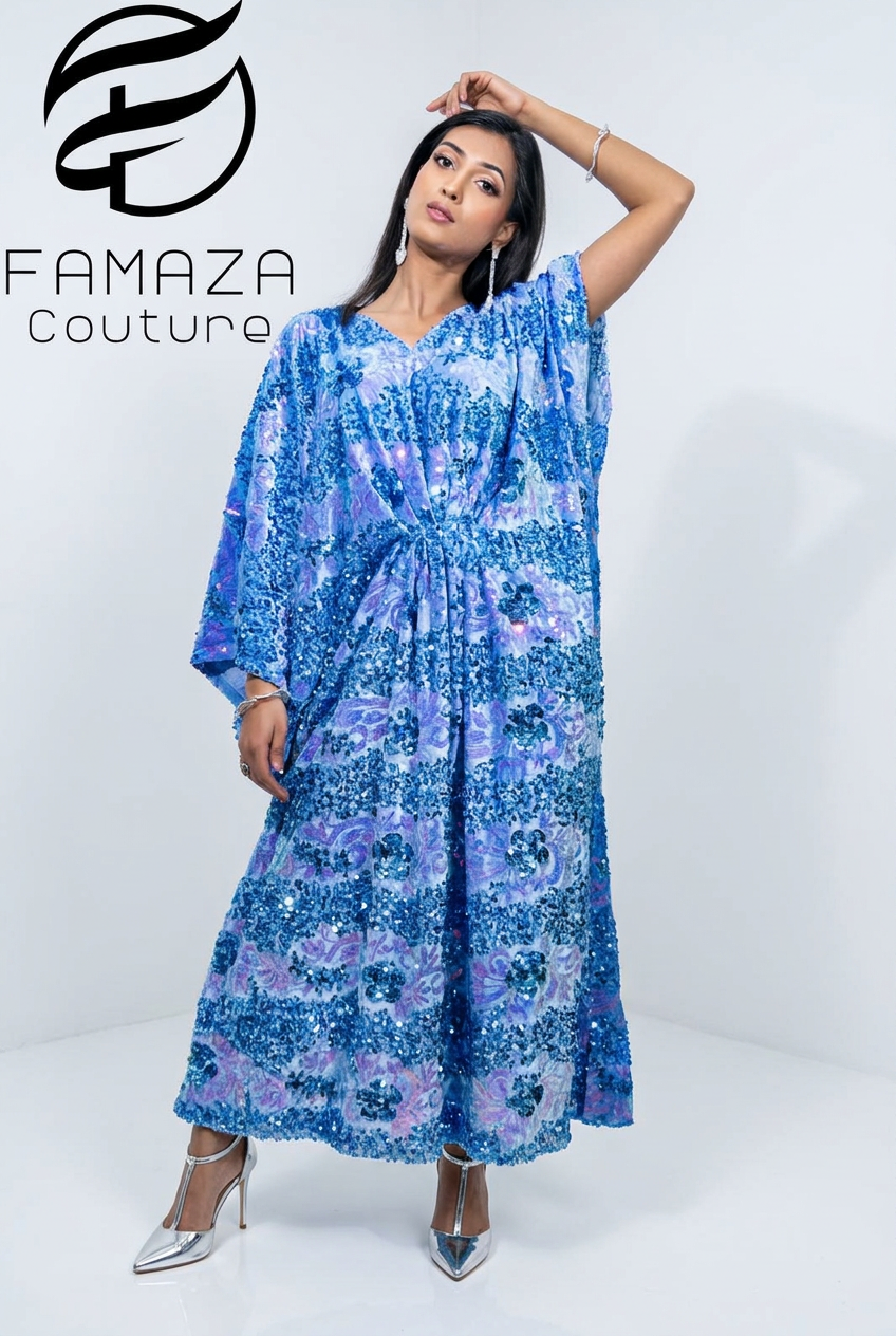 Model wearing the Blue Radiance blue velvet kaftan with lilac florals, shimmering sequins and long batwing sleeves.