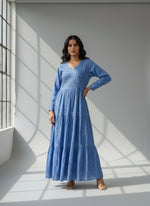blue chikankari long dobby cotton dress
