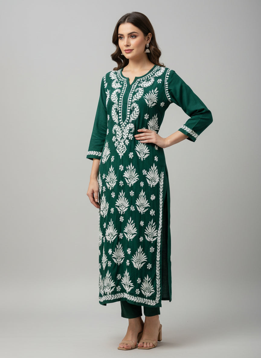 bottle green colour Chikankari long kurti with white embroidery in modal fabric by famaza couture 