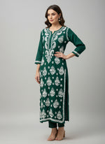bottle green colour Chikankari long kurti with white embroidery in modal fabric by famaza couture 