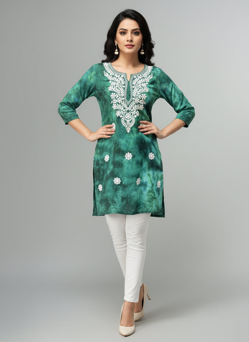 bottle green short kurti in tie & dye style with white machine embroidery by famaza couture 