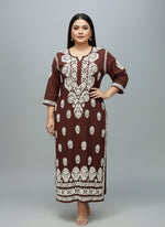 brown colour fabric chikankari plus size kurti 