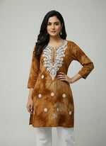 brown colourtie-dye machine embroidery short kurti by famaza couture 