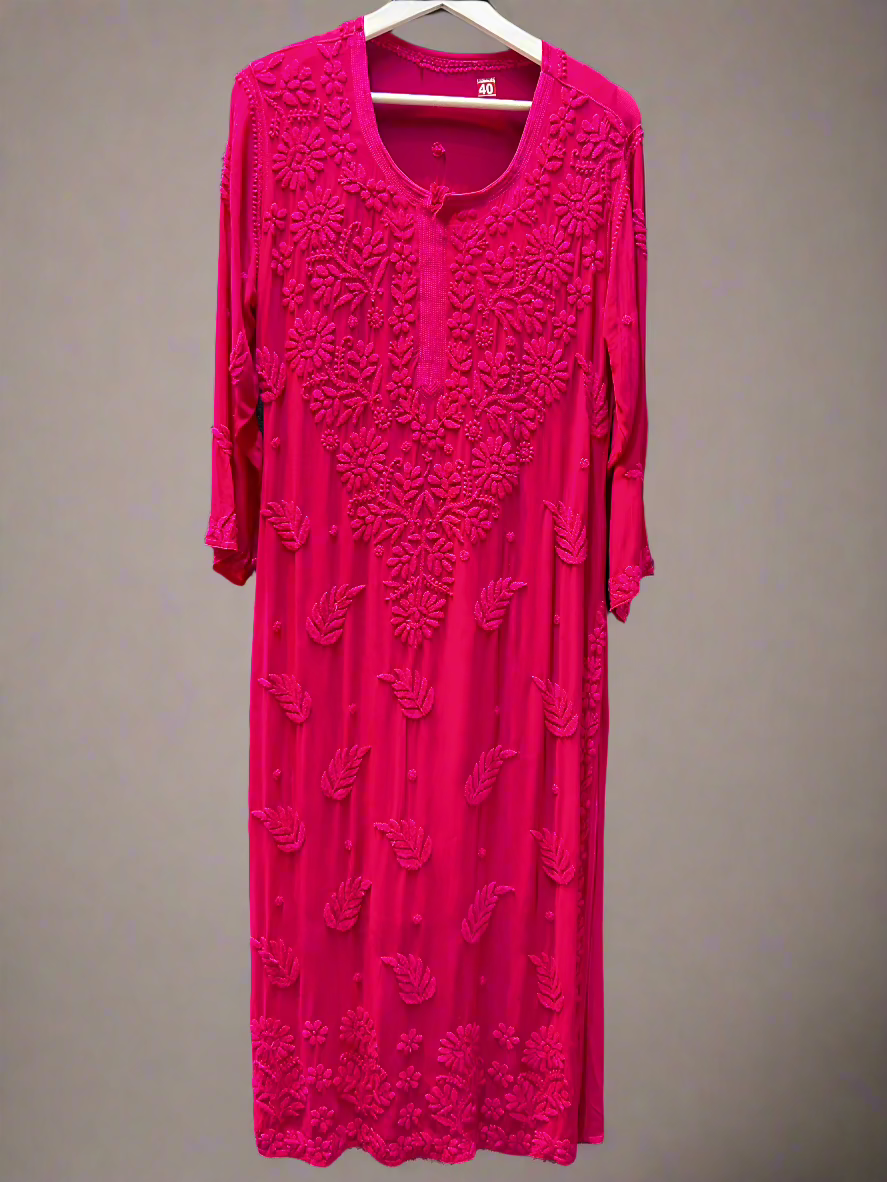 chikankari 3d viscose long kurti red