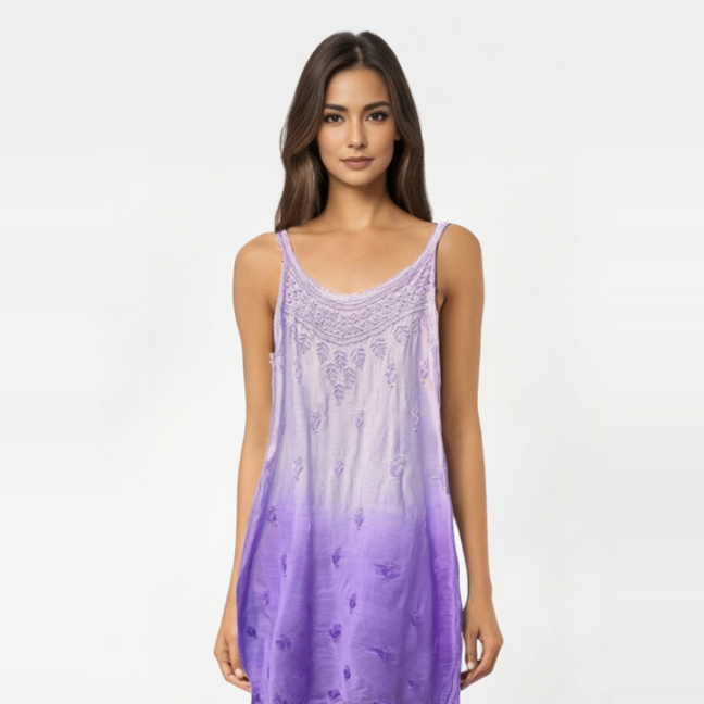 Front view of Model wearing Chikankari cotton slip dress, purple with hand embroidery