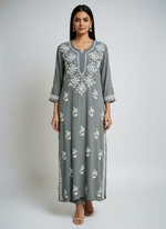 A grey colour 46 inches long modal fabric Chikankari kurti with white Ghass Patti embroidery 