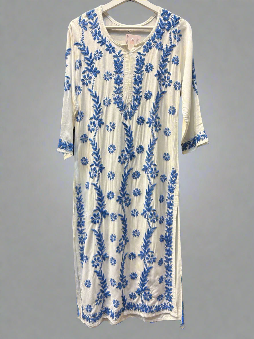 Chikankari kurti with blue colour embroidery on white