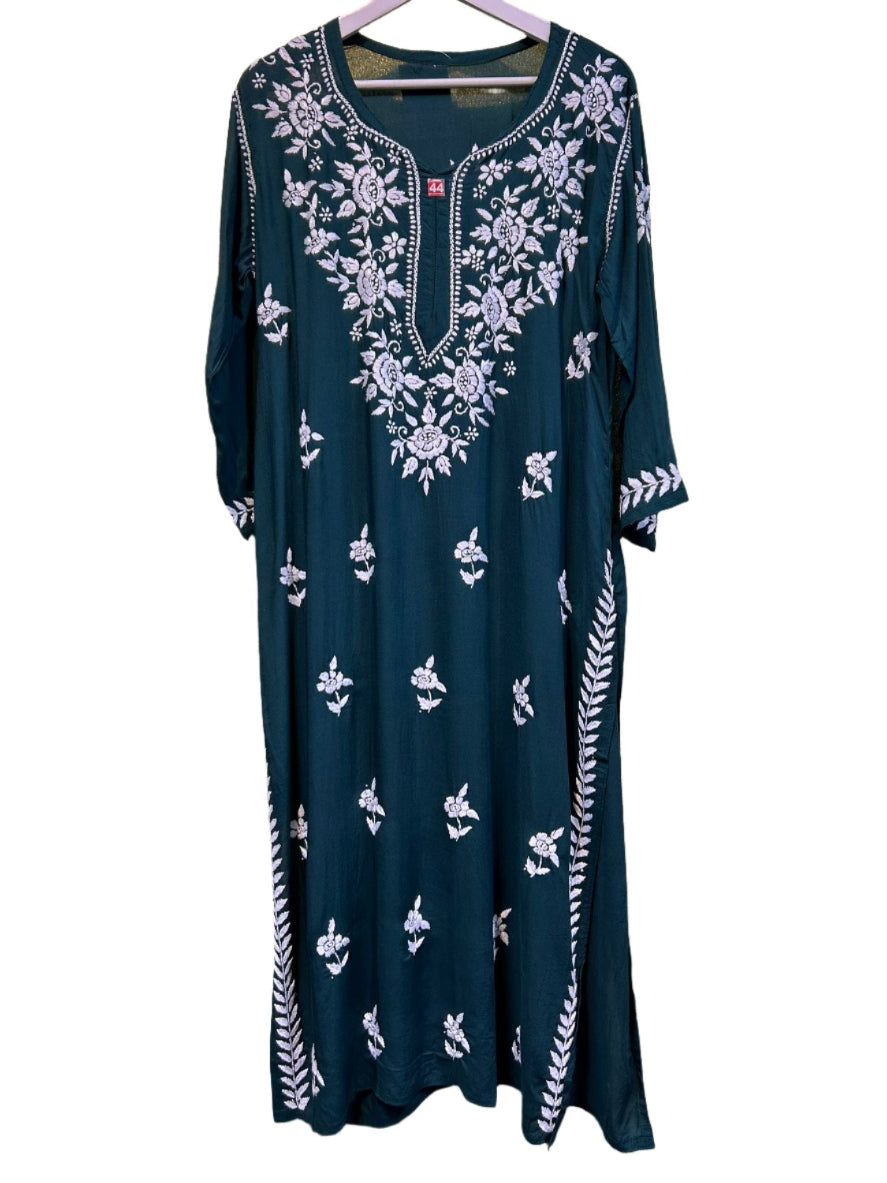 chikankari kurti cotton modal ghass patti embroidery bottle green