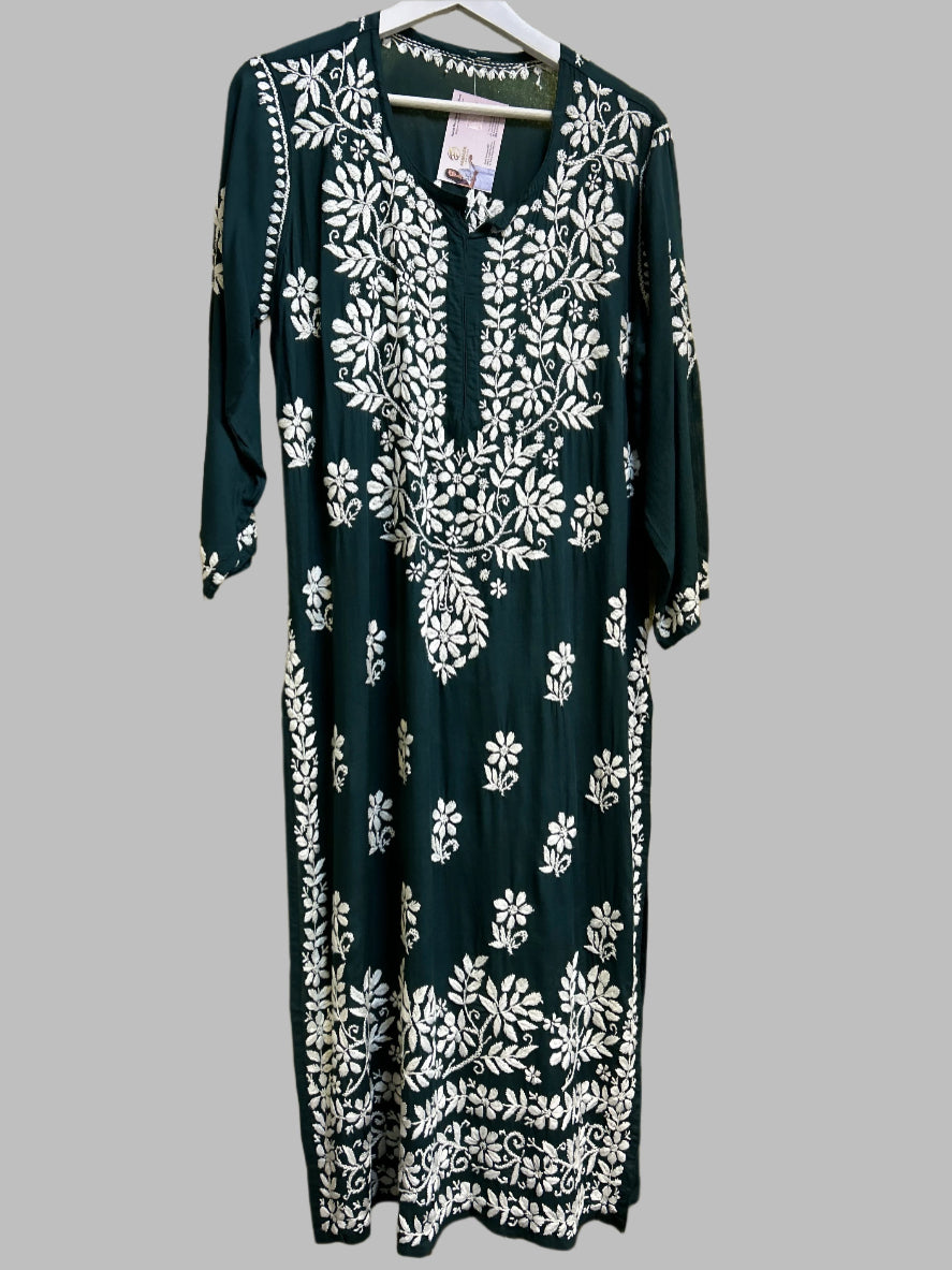 A fully embroidered bottle green kurti with floral motifs and detailed border work on a modal cotton fabric.