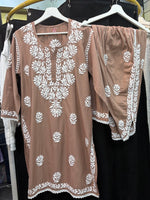 Chikankari kurti with dhoti pants set in coffee brown