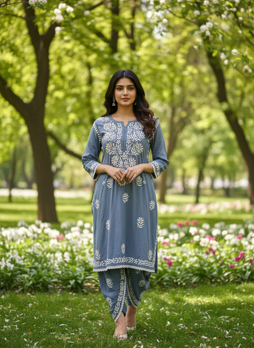 Chikankari kurti with dhoti pants set in grey