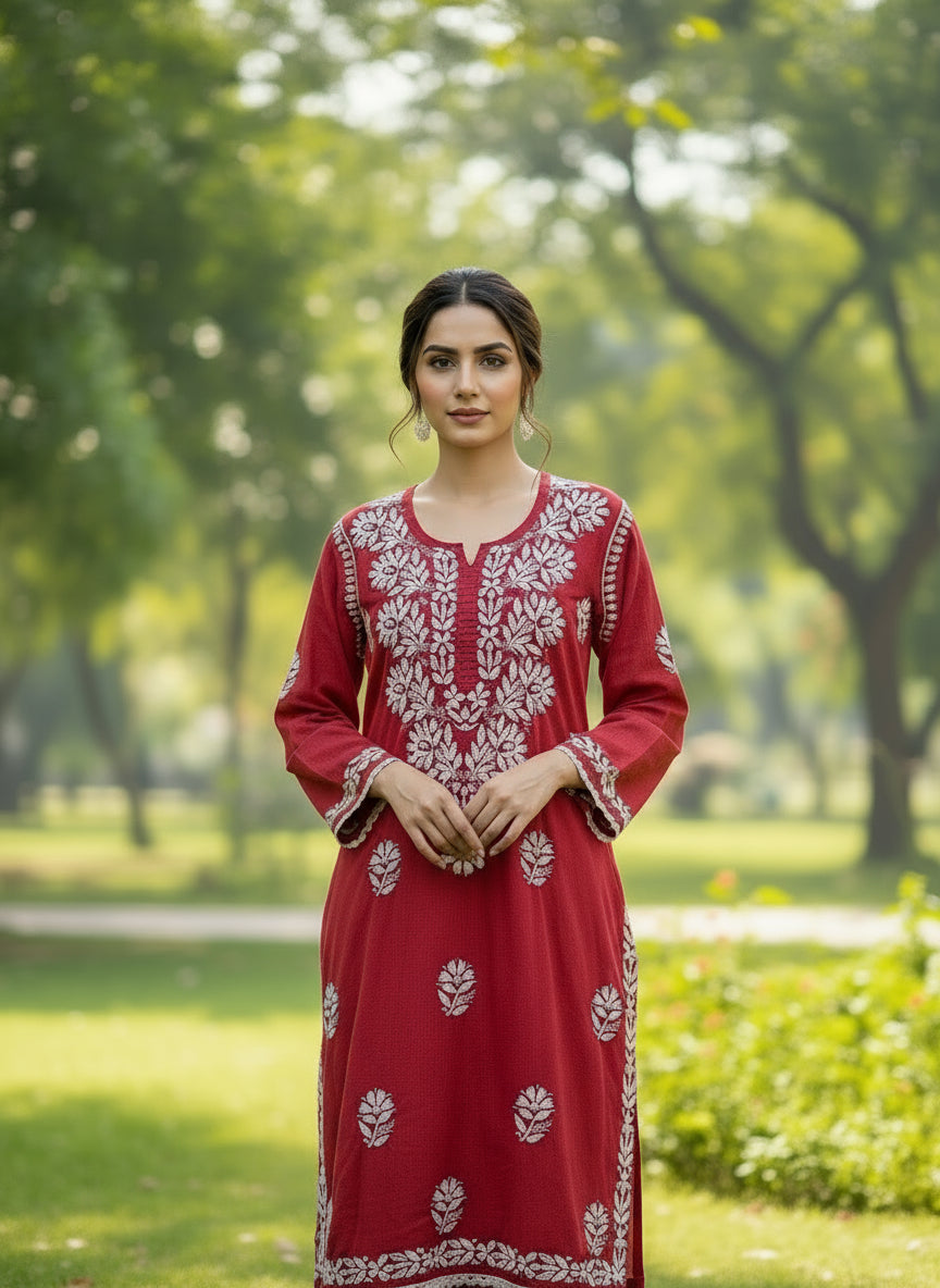 Chikankari kurti with dhoti pants set in maroon