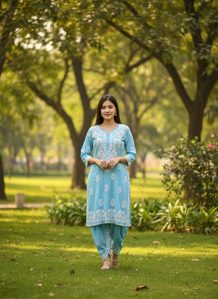 Chikankari kurti with dhoti pants set in sky blue