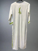 Chikankari kurti with green colour embroidery on white rear view