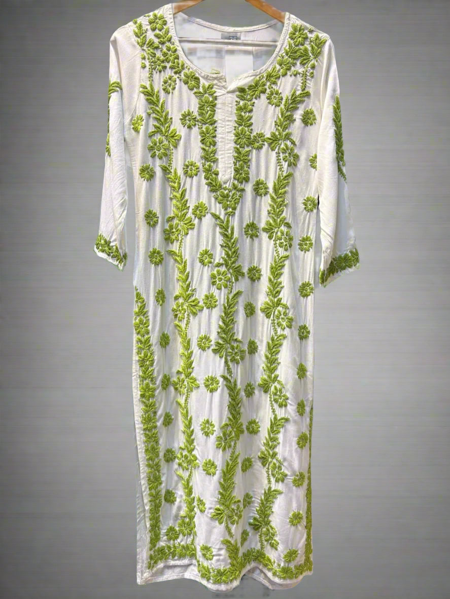 Chikankari kurti with green colour embroidery on white
