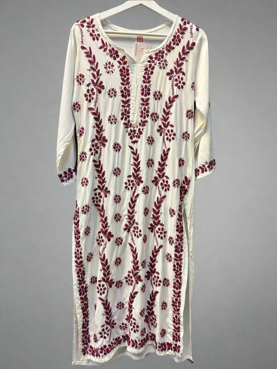 Chikankari kurti with maroon colour embroidery on white