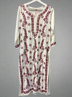 Chikankari kurti with maroon colour embroidery on white