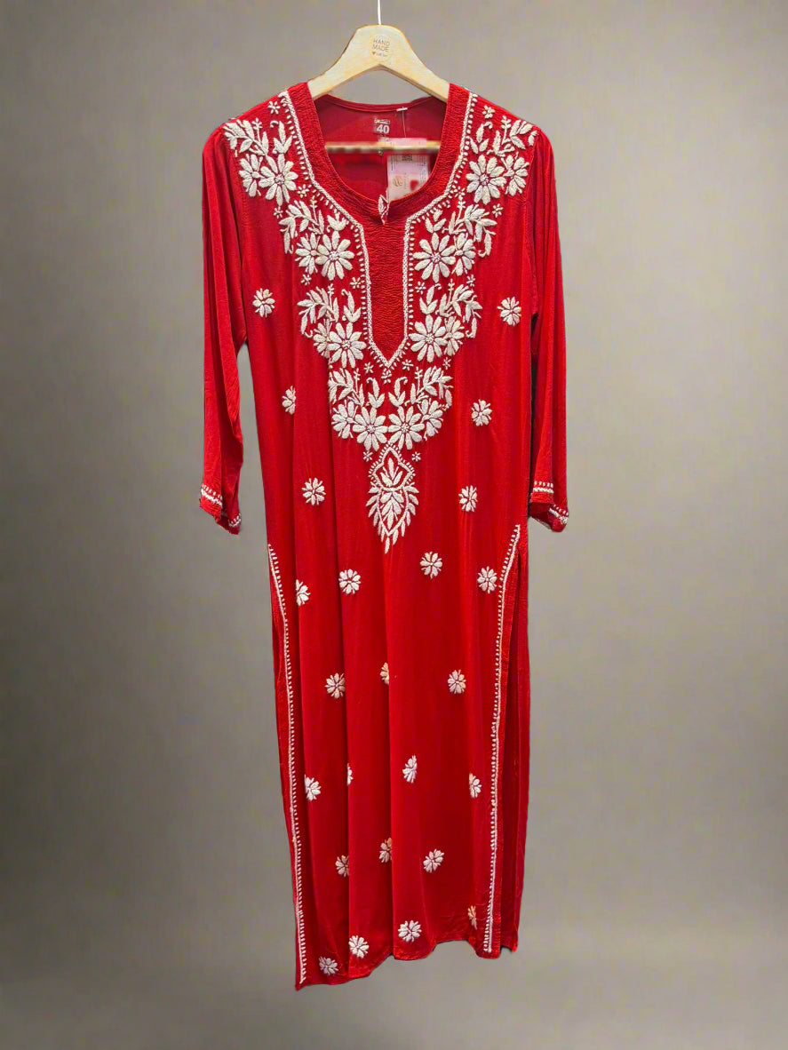 chikankari kurti modal ghass patti booti embroidery red