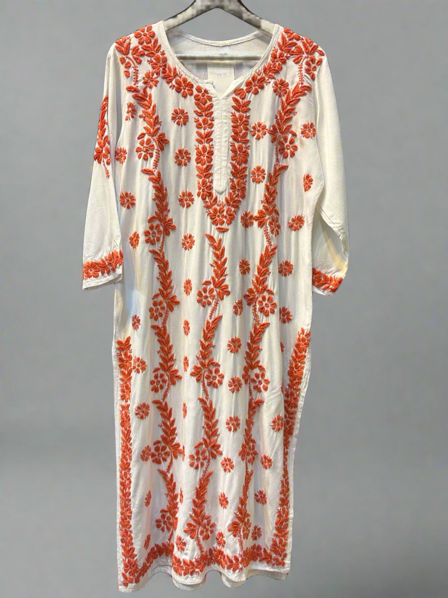 Chikankari kurti with orange colour embroidery on white