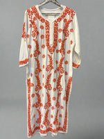 Chikankari kurti with orange colour embroidery on white