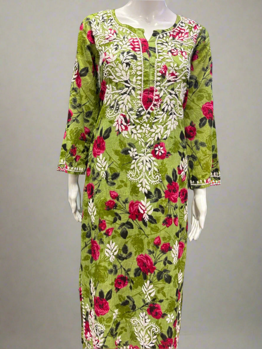 Chikankari Kurti Palazzo Set in Printed Mul Cotton on Mannequin Close up View
